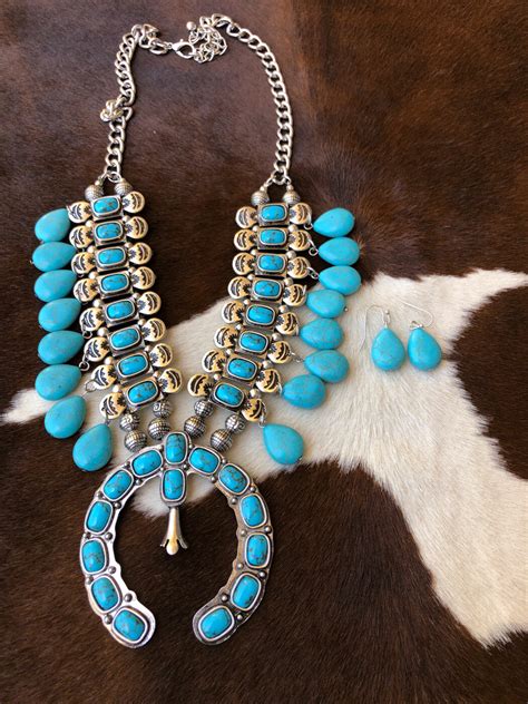 Cattle Western Squash Blossom Necklace Set Turquoise Ale