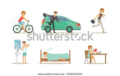 People Daily Routine Set Man Woman Stock Vector Royalty Free