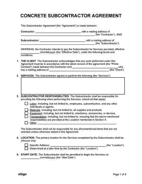 Free Concrete Subcontractor Agreement Template Pdf Word
