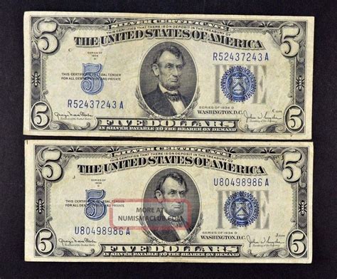 2 1934 D 5 Five Dollar Silver Certificate Blue Seal United States