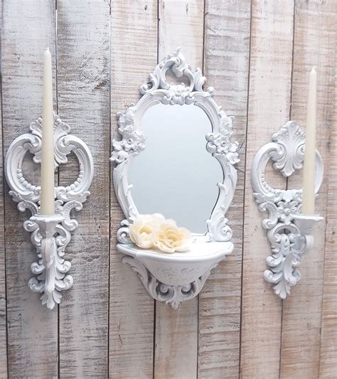 Shabby Chic Vintage Syroco Ornate Mirror And Candle Wall Sconce Set