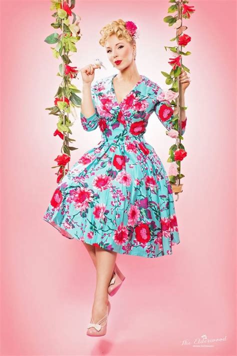50s Birdie Floral Dress In Turquoise And Pink