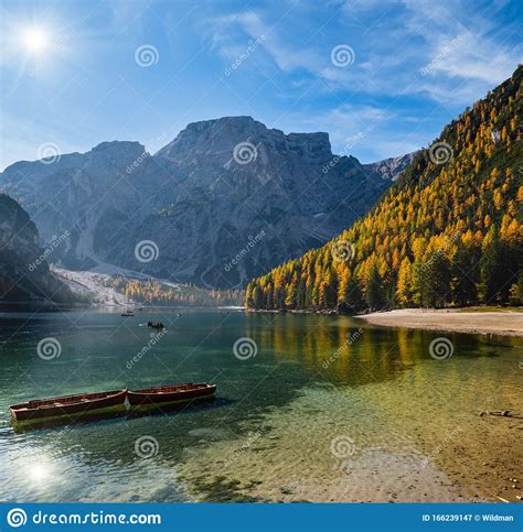 阳光明媚的秋日宁静的阿尔卑斯湖braies或pragser Wildsee 南蒂罗尔，多洛米蒂阿尔卑斯山， 库存图片 图片 包括有 池塘