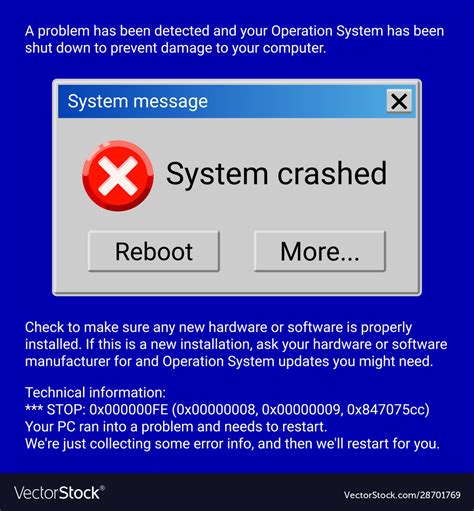 System Crashed Fatal Error Window On Blue Screen Vector Image