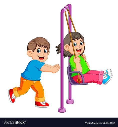 Brother Pushing Sister On Swing Royalty Free Vector Image Drawing For
