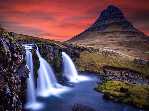 Sunset Waterfall Iceland Scenery Photo Hd Wallpaper Preview