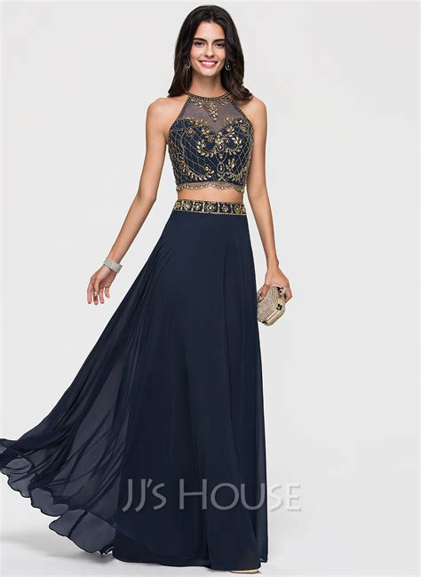 A Line Scoop Neck Floor Length Chiffon Prom Dresses With Beading