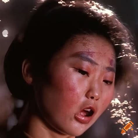 asian woman fighter with bruised and dizzy expression in an 80s movie fight scene on craiyon