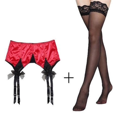 Women Garters Red Satin Metal Buckles Clips Bow Sexy Garter Belts With