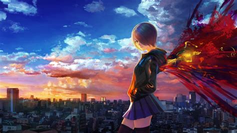 Wallpaper Kirishima Touka Transform Tokyo Ghoul Wings Cityscape