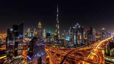 Dubai Skyline With Burj Khalifa At Night Wallpaper Backiee
