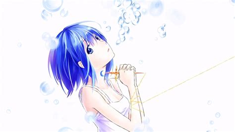 Illustration Anime Anime Girls Blue Hair Blue Eyes Short Hair Looking At Viewer White