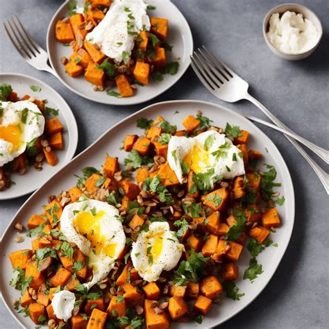 Sweet Potato And Sprout Hash With Poached Eggs Recipe