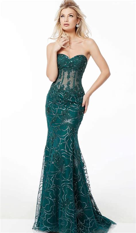 Jovani 62745 Strapless Floral Glittered Tulle Corset Mermaid Gown