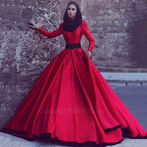red muslim evening dresses hijab long sleeve high neck satin dubai lady formal gowns 2017 prom