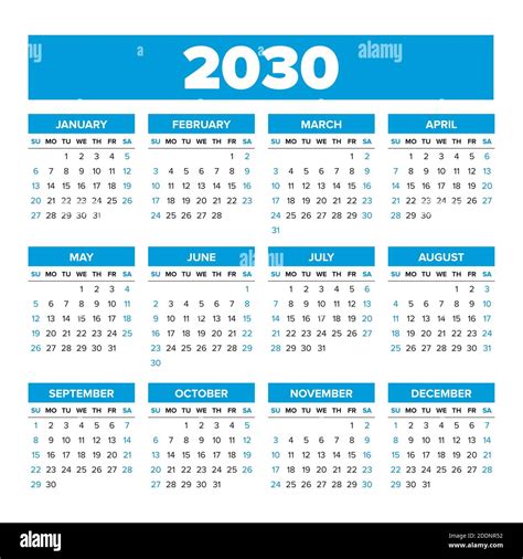 2030 Simple Vector Calendar Weeks Start On Sunday Stock Vector Image