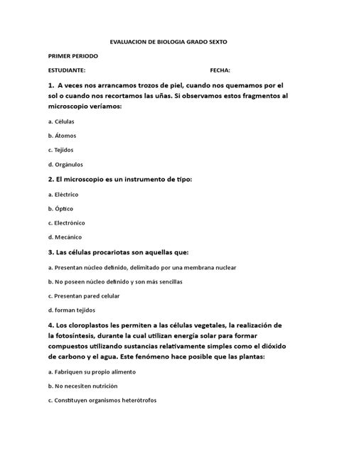 Pruebas Tipo Icfes Sexto Pdf Citoplasma Biología Celular