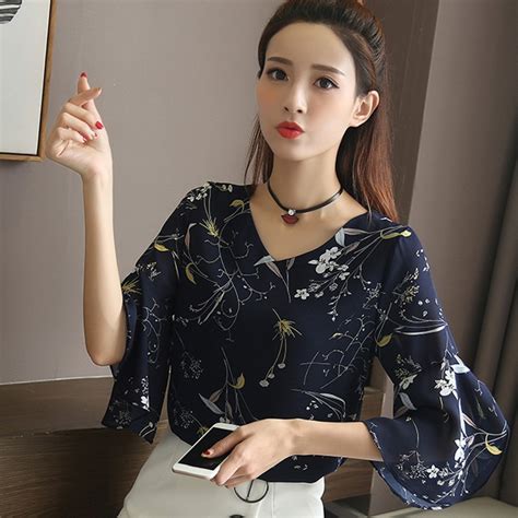 Womens V Neck Half Flare Sleeve Floral Print Blouse Sweet Chiffon Korean Style Shirts Female