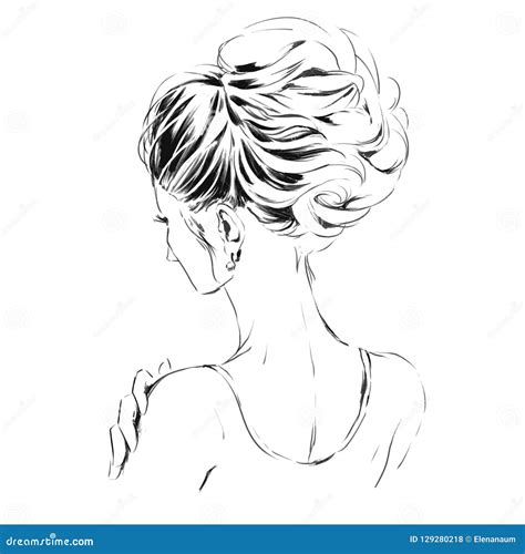 Elegant Girl With Beautiful Evening Haircut Back View Line Art Stock
