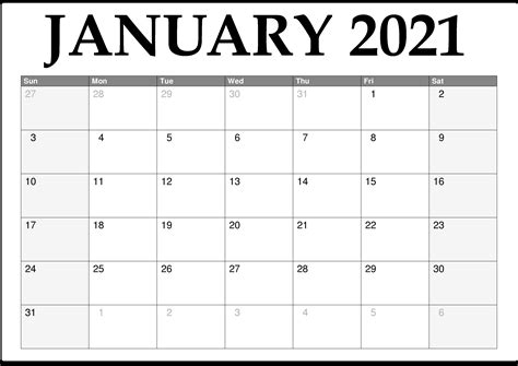 January 2021 Calendar Printable Calendar Printables Printable