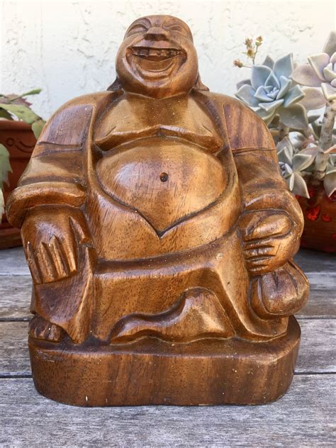 8 Vintage Wooden Laughing Happy Buddha Statue Hand Etsy