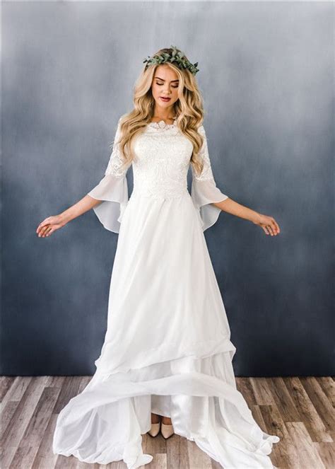38 Breath Taking Bell Sleeve Wedding Dresses We Love Amaze Paperie Modest Wedding Dresses