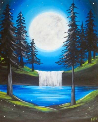 Beautiful Moonlight Waterfall Painting