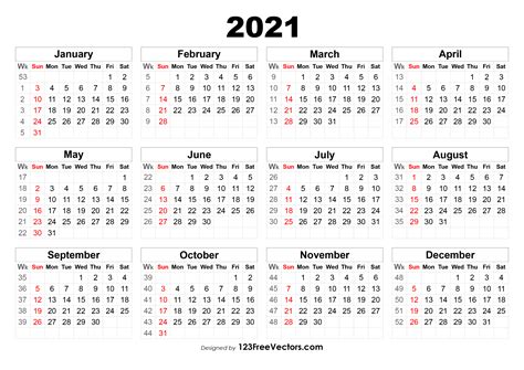 2021 Week Number Calendar