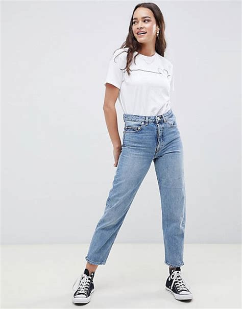 Asos Design Florence Authentic Straight Leg Jeans In Light Stone Wash Mblue Asos