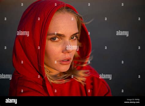 Portrait Young Woman Wearing Red Hooded Jacket Evening Light Hi Res