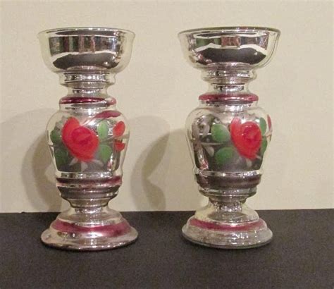 Pair Of Antique Hand Painted Silver Mercury Glass Vases Mercury Glass