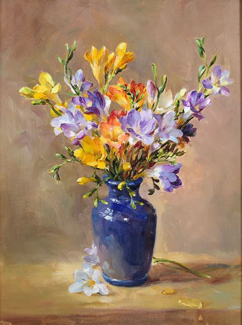 Still Life Of Freesias In A Blue Vase By Anne Cotterill Flower Art