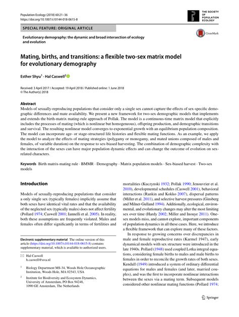 Pdf Mating Births And Transitions A Flexible Two Sex Matrix Model For Evolutionary Demography