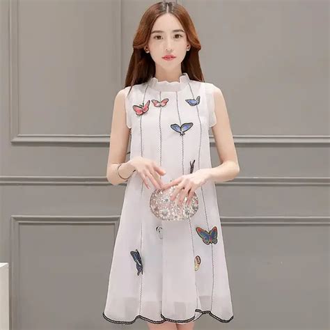 Hot Summer Dress 2016 Korean Fashion Organza Slim Ruffled Sleeveless Patchwork Print White And