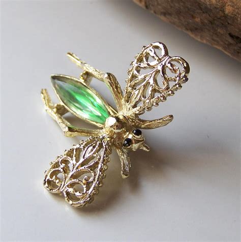 Etsy Vintage Flying Insect Brooch With Green Glass Stone