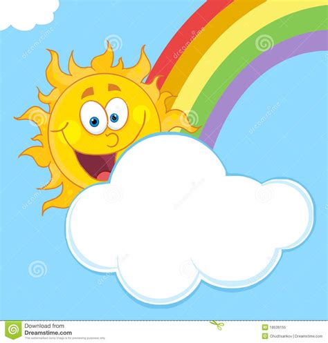 Happy Sun With A Cloud And Rainbow In A Blue Sky Stock Vector