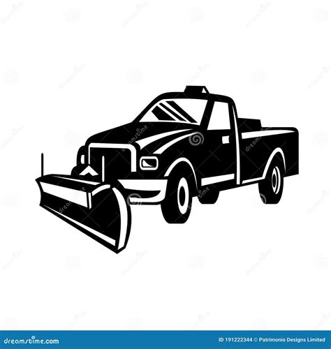 Snow Plow Pick Up Truck Retro Side View Black And White Stock Vector