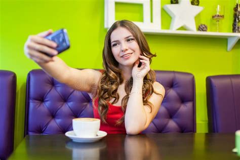 Woman Is Taking Selfie In A Cafe Stock Image Image Of Coffee
