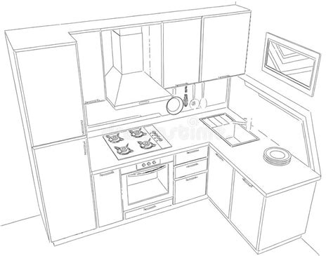Modern Corner Kitchen Interior Pencil Drawing Stock Illustration