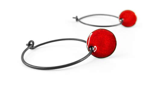 Red Dangle Earrings Oxidized Silver Hoops Minimalist Etsy