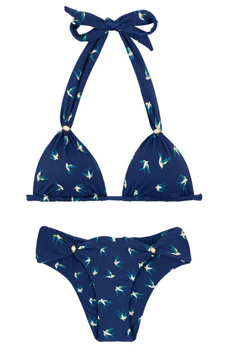 Navy Blue Bikini With Halter Top And Birds Motive Seabird Cortinao