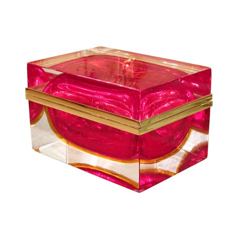 Monumental Rectangular Covered Murano Glass Box With Red And Gold Sommerso Glass Core And Brass