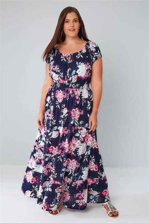 Navy And Multi Floral Print Sequin Gypsy Maxi Dress Plus Size 16 To 36