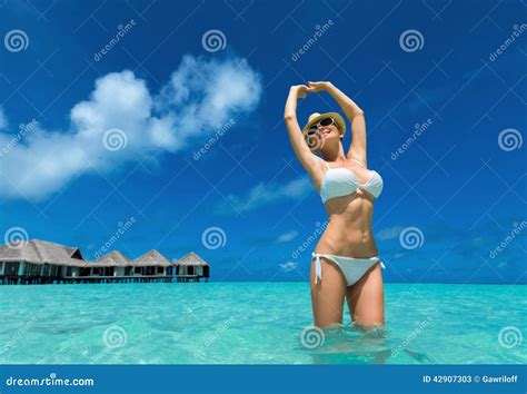 Happy Women In Bikini On Tropical Beach Stock Image Image Of Adult