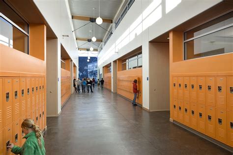 Corridor Colors Orange And Warm Grey Middle School School Interior