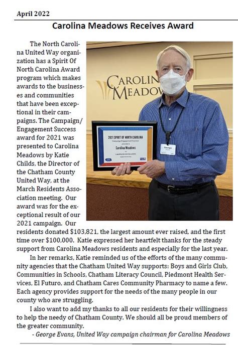 Carolina Meadows Residential Campaign Wins State Wide United Way Award