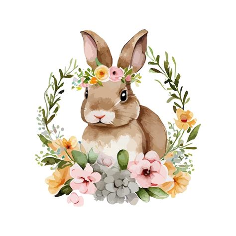 Osterhase mit Frühlingsblumen und Blättern Kranz Aquarell Niedlicher