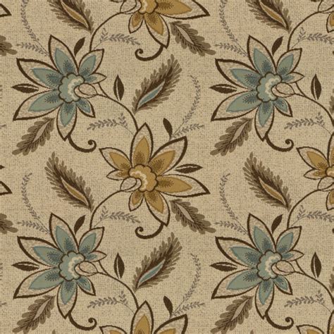 Aqua Brown On Beige Large Flowers With Leaf Damask Upholstery Fabric