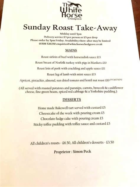 Menu At The White Horse Pub And Bar Chedgrave