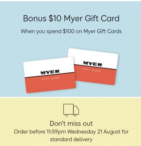 $10 off on your first transfer with code monius10. Myer - Bonus $10 Myer Gift Card with $100 or More Spend on ...